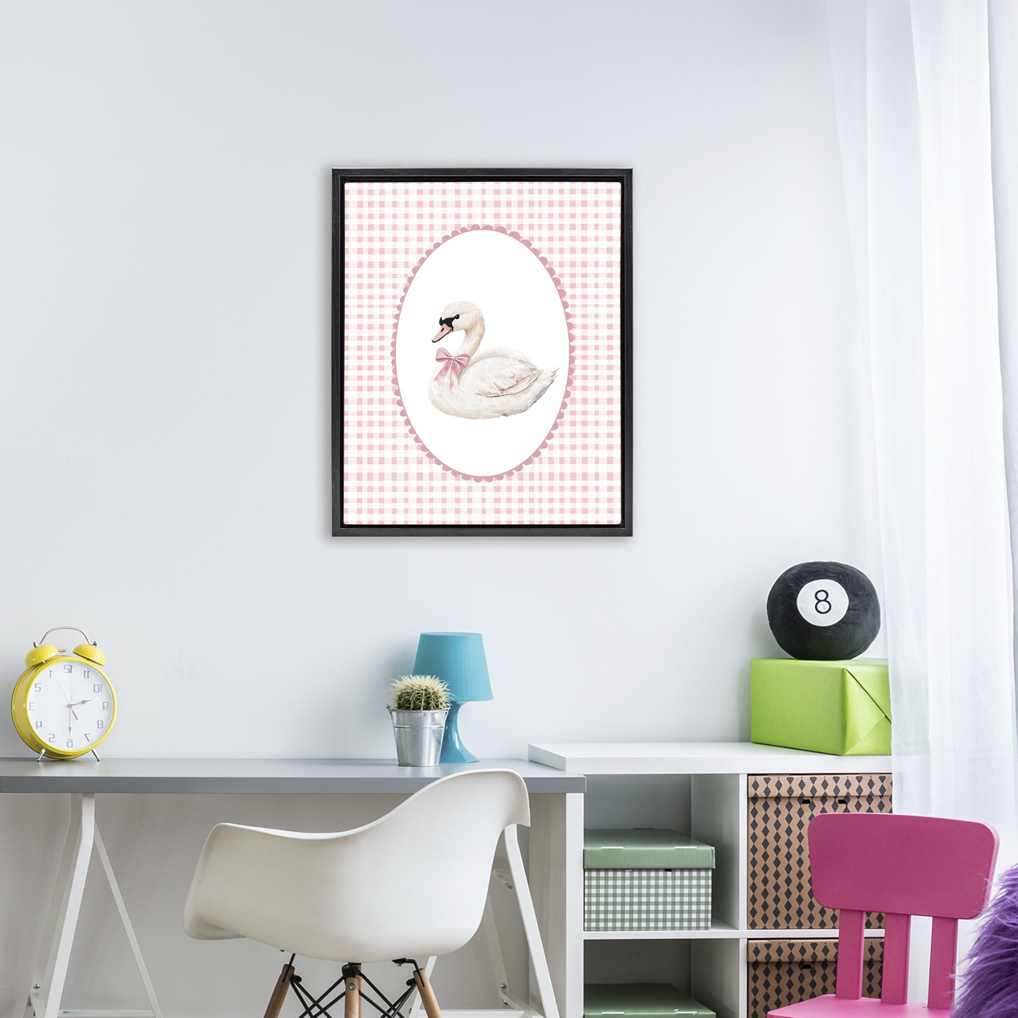 Gentle Swan on Pink Checkered Black Framed Floater Canvas Wall Art, design by Christine Simpson Art