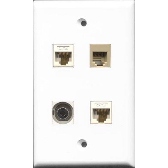 RiteAV 1 Port Phone RJ11 RJ12 Beige and 1 Port 3.5mm 2 Port Cat6 Ethernet White Wall Plate