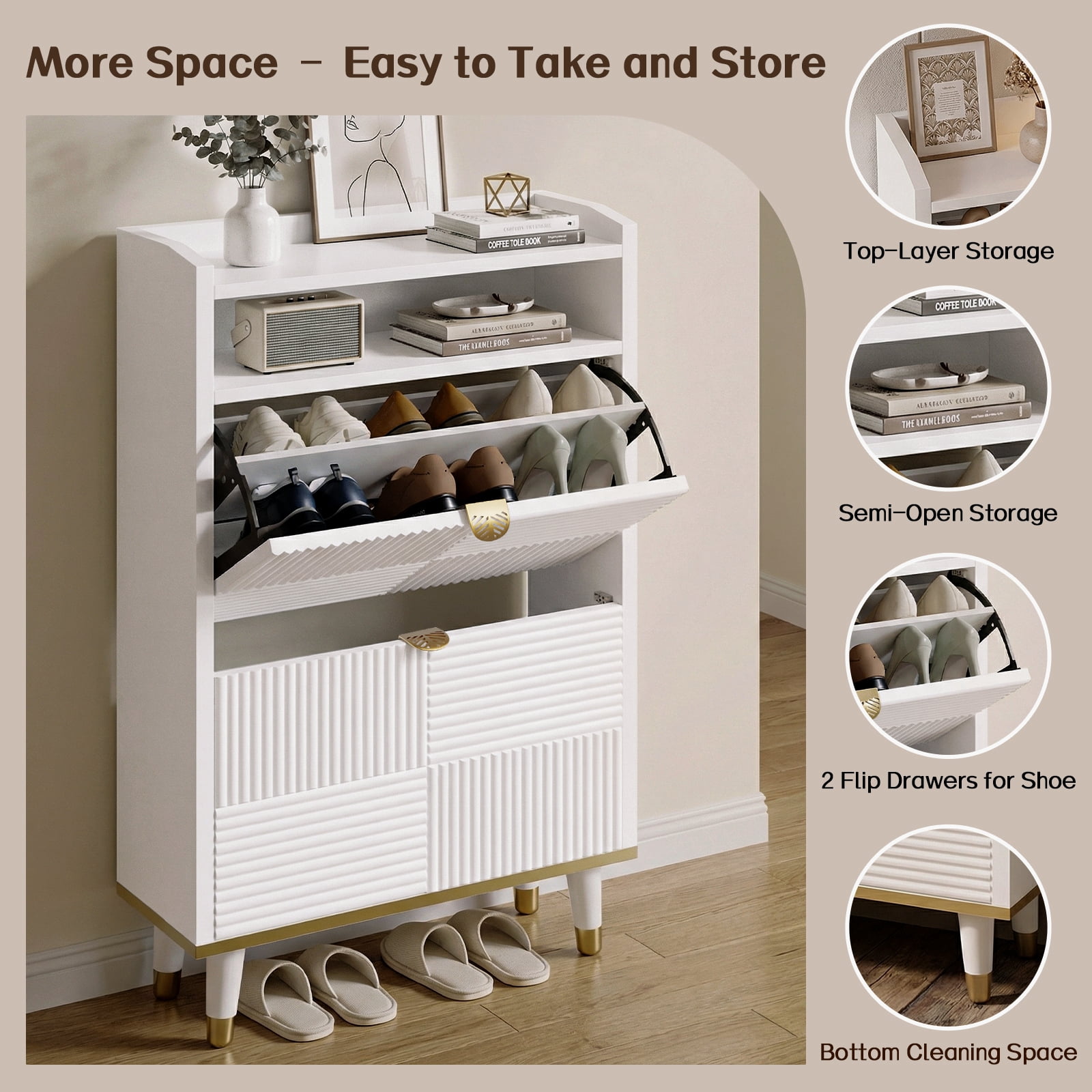 Kbun Tall Shoe Storage Cabinet with 2 Flip Drawers, Hidden Wood Shoe Cabinet for Entryway Hallway, Freestanding Narrow Slim Shoe Organizer Space Saver for Living Room, White