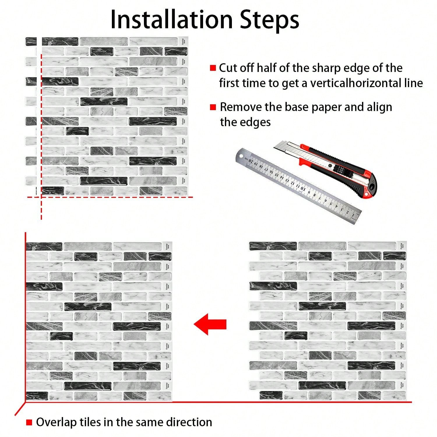 Peel and Stick Backsplash Vinyl Tiles in Grey Marble Bathroom Waterproof Self-Adhesive Mosaic Wall Decoration ( set of 10)