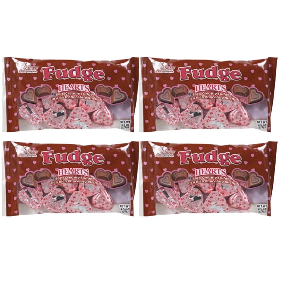 Palmer Valentine Fudge Chocolate Hearts Candy with Chocolatey Smooth and Creamy Textures for Valentine's Day Easter Basket Stuffer Birthday Party Favor and Gifts 4.5 oz. Bags Pack of 4