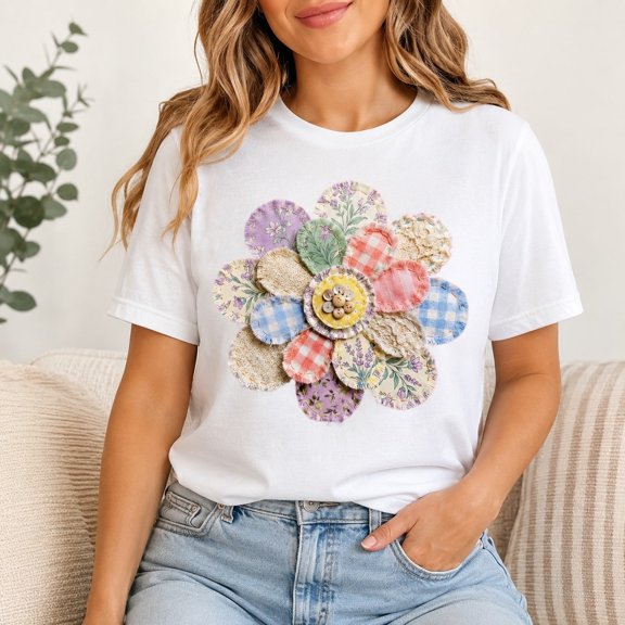 Faux Patchwork Daisy Graphic T-Shirt, Floral Unisex Classic Fit Tee