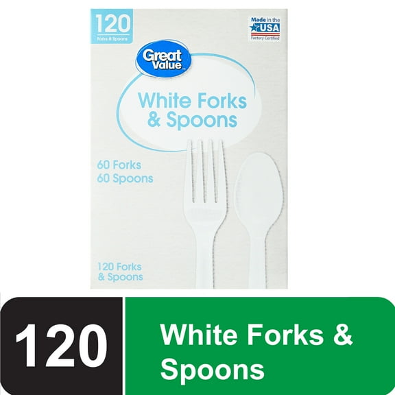 Great Value White Forks and Spoons, 120 Count