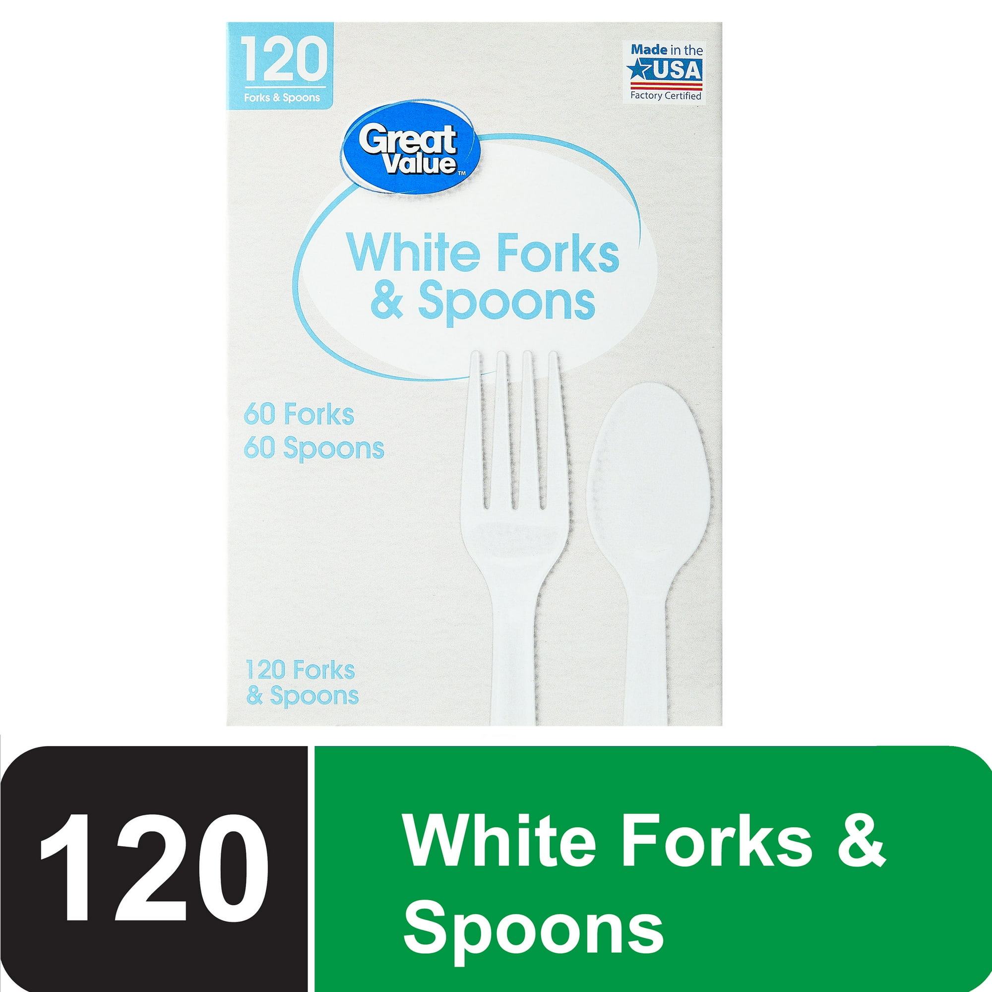 Great Value Everyday Disposable Plastic Forks and Spoons, White, 120 Count, 60 Forks and 60 Spoons