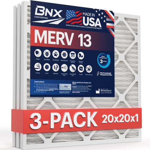 BNX 20x20x1 MERV 13 Air Filter 3 Pack - MADE IN USA - Electrostatic Pleated Air Conditioner HVAC AC Furnace Filters - Removes Pollen, Mold, Bacteria, Smoke