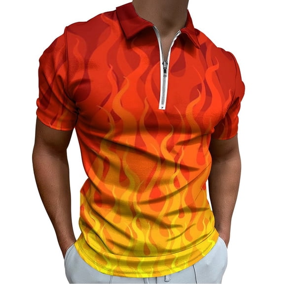 Red Orange Yellow Burning Flames And Fire Men Zipper T-shirt Summer Casual Short Sleeve T-shirt Top