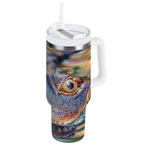 Alligator in Water Tumbler with Handle and Straw Lid 40 oz Insulated Vacuum Water Bottle Stainless Steel Travel Cup