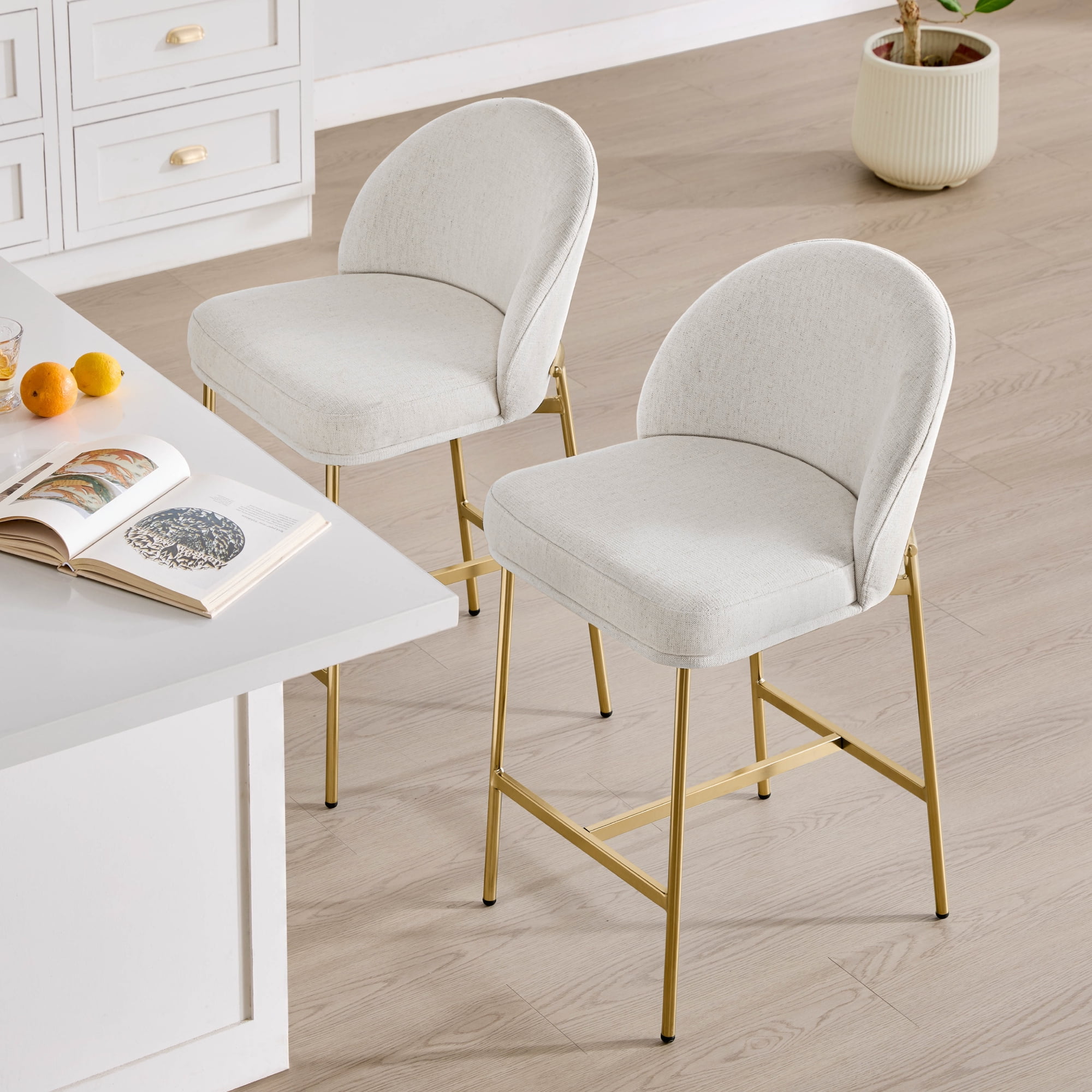 Spruce & Spring Modern Counter Bar Stool with Metal Arc Backrest and Upholstered Seat Set of 2, Cream with Bronze Legs