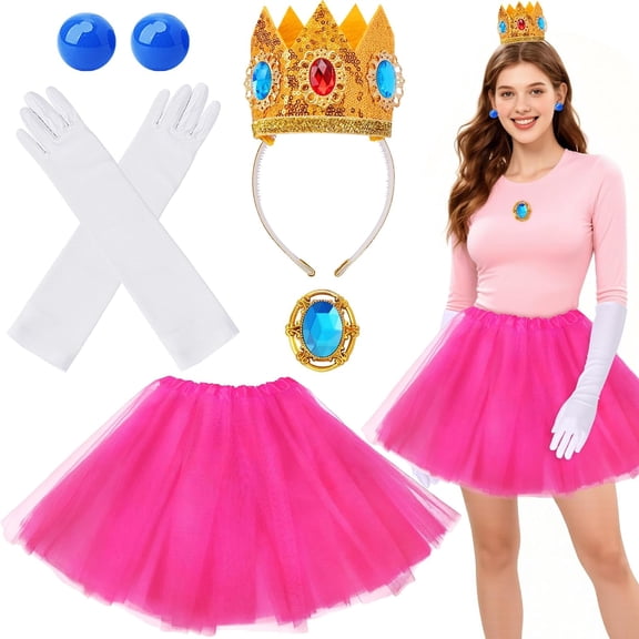 5-Piece Pink Princess Cosplay Set for Women, Pink Tutu Skirt Costume Accessories with Gold Sequin Crown, Gloves & Gem Jewelry for Halloween Dress-Up
