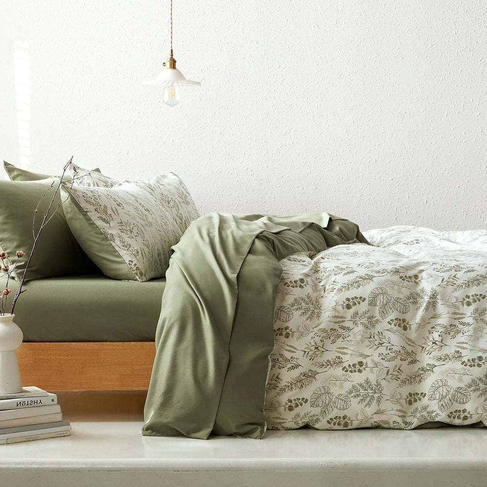 Green Leaves Flowers Plants Reversible Bedding Set Duvet Cover King Size