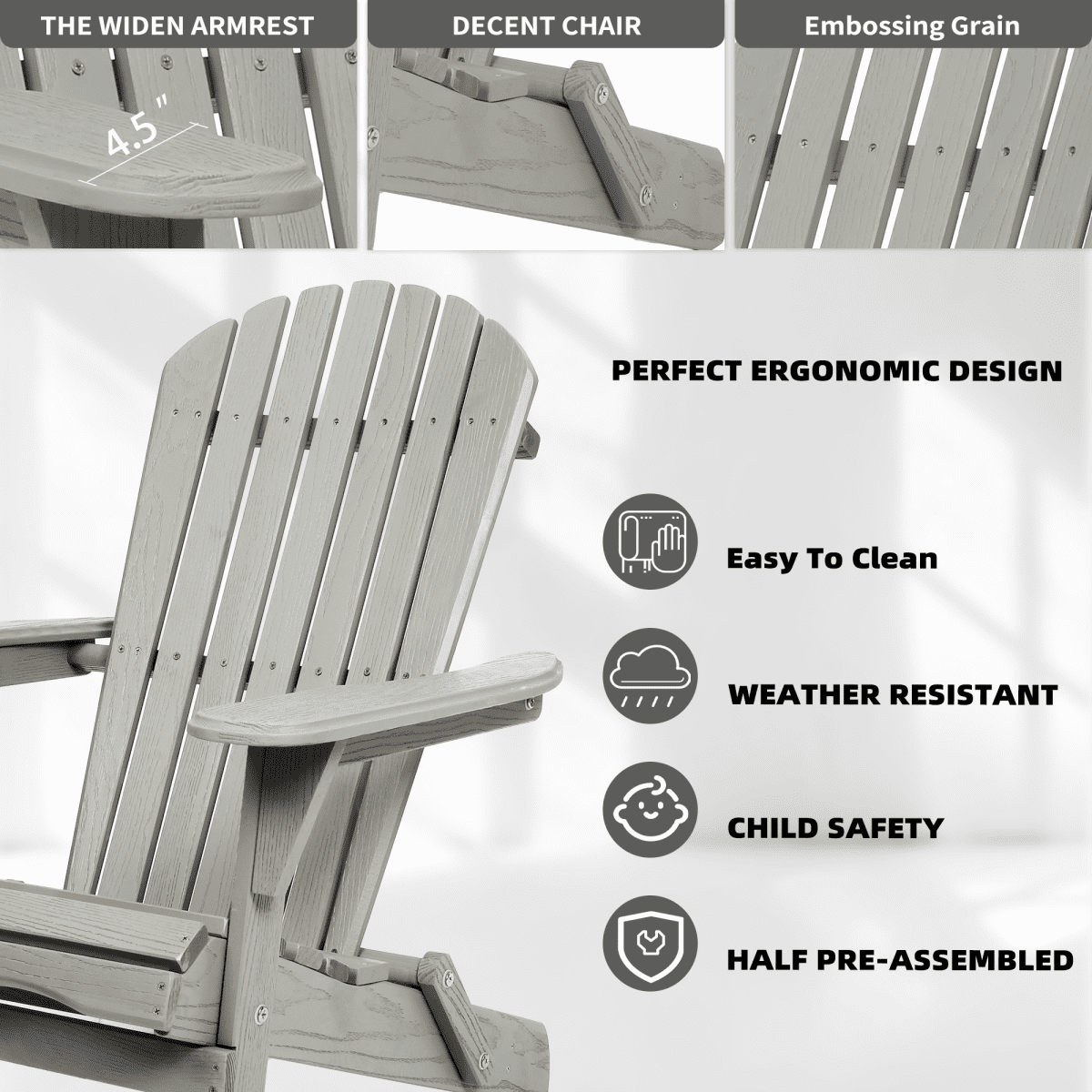 Embossed Cedar Wood Folding Adirondack Chair Set of 2, Outdoor Wooden Lounge Patio Chair with Smooth Finish, Foldable Garden Chair for Lawn Backyard, Gray