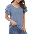 thumbnail image 1 of Camiseta de Mujer Color Puro Cuello en V Puños con Volantes Top de Manga Corta cómodo y a la Moda para Citas en casa en la Oficina Azul Claro XL, 1 of 6