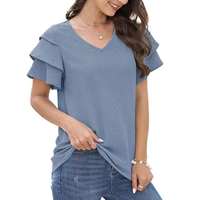 Camiseta de Mujer Color Puro Cuello en V Puños con Volantes Top de Manga Corta cómodo y a la Moda para Citas en casa en la Oficina Azul Claro XL