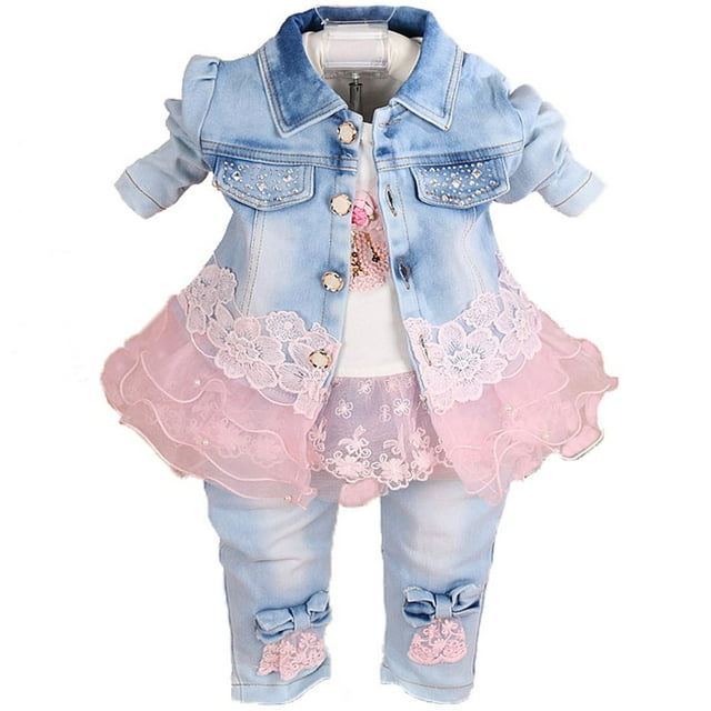 Yao Conjuntos de ropa vaquera para bebés y niñas, conjuntos de 3 piezas, camiseta, chaqueta vaquera y pantalones vaqueros (rosa 2-3 años)