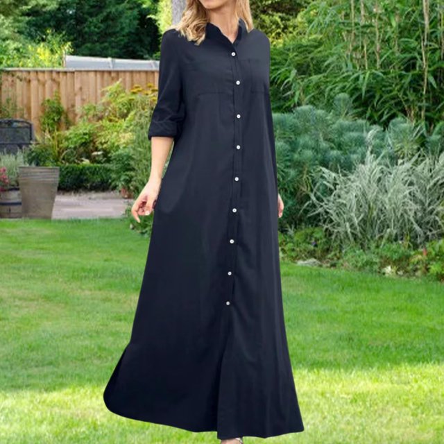 Vestido Blusa de mujer Maxi vestido elegante holgado elegante vestido simple moda Maxi vestido camisero Kuymtek Azul marino T XXL para Mujer
