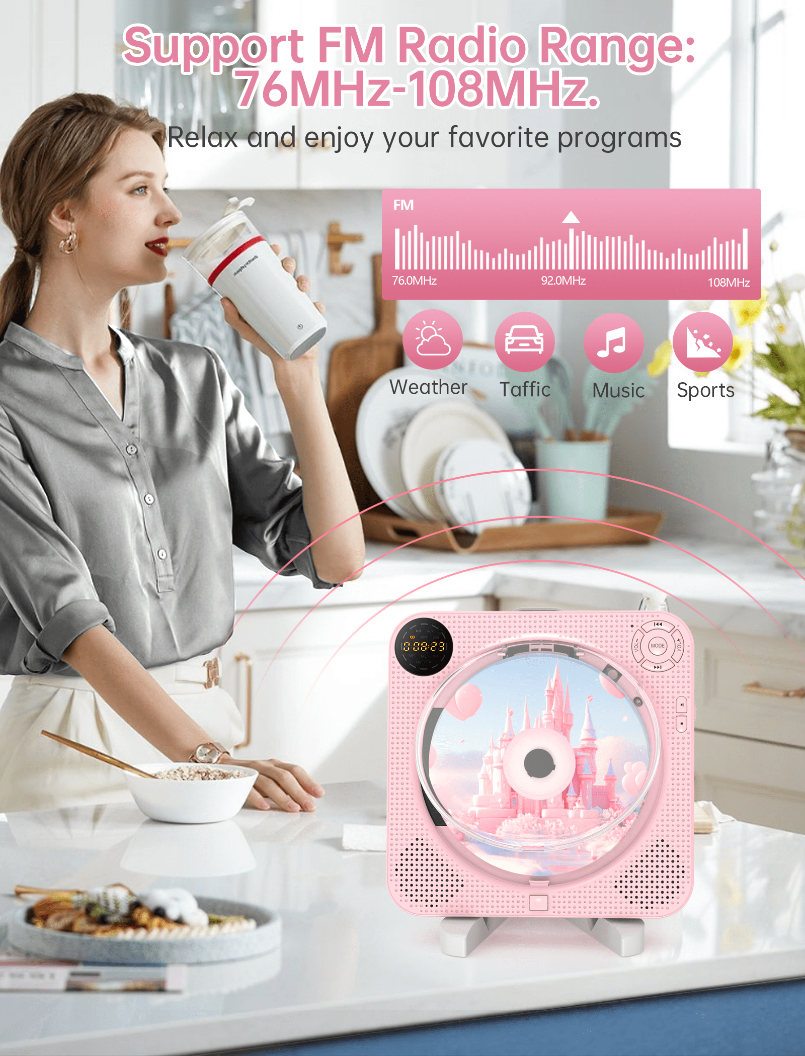 Portable Bluetooth CD Player with Speakers - Small Wall CD Player for Home with Remote Control FM Radio Digital Screen Headphone Jack,Support AUX in Cable&USB