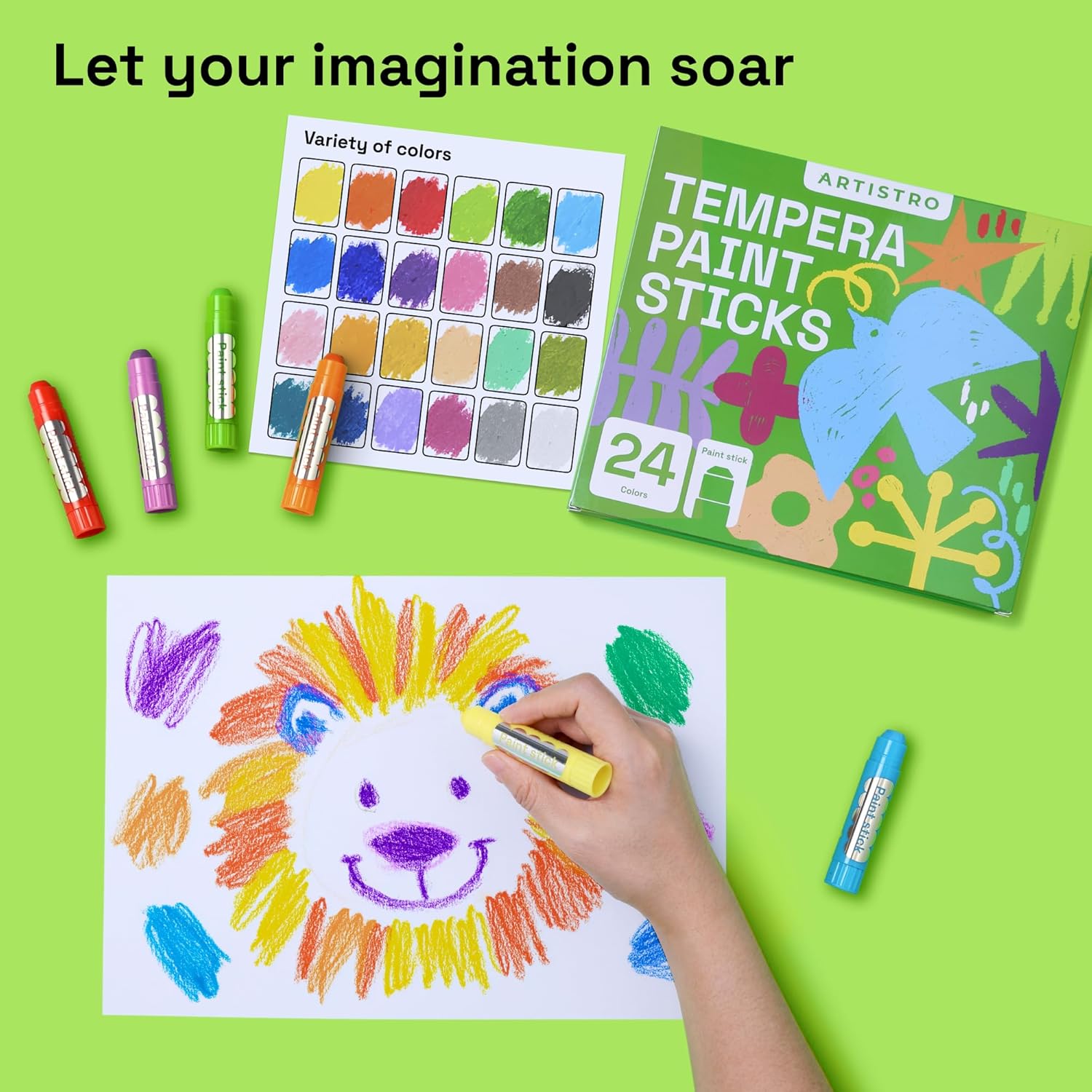 ARTISTRO 100% Washable Tempera Paint Sticks for Kids - 24 Non-toxic Paint Markers for Kids - Color Sticks with Twist Design, Coloring Pages Included
