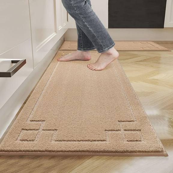 Kitchen Rugs Non-Slip Washable [2 PCS], Machine Washable Kitchen Mats Absorbent Soft Kitchen Runner Rugs for Floor,Sink,Hallway,Laundry,20”x32” 20”x48”, Beige