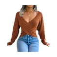 thumbnail image 4 of SuéTeres Para Mujer Jersey De Punto De Corte Bajo Con Cuello En V Cruzado De Color SóLido XBTCLXEBCO Marrón;L, 4 of 6