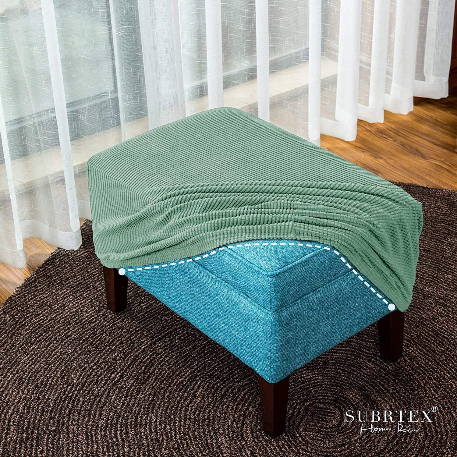 Subrtex Stretch Textured Grid Oversized Ottoman Slipcover, Dark Cyan