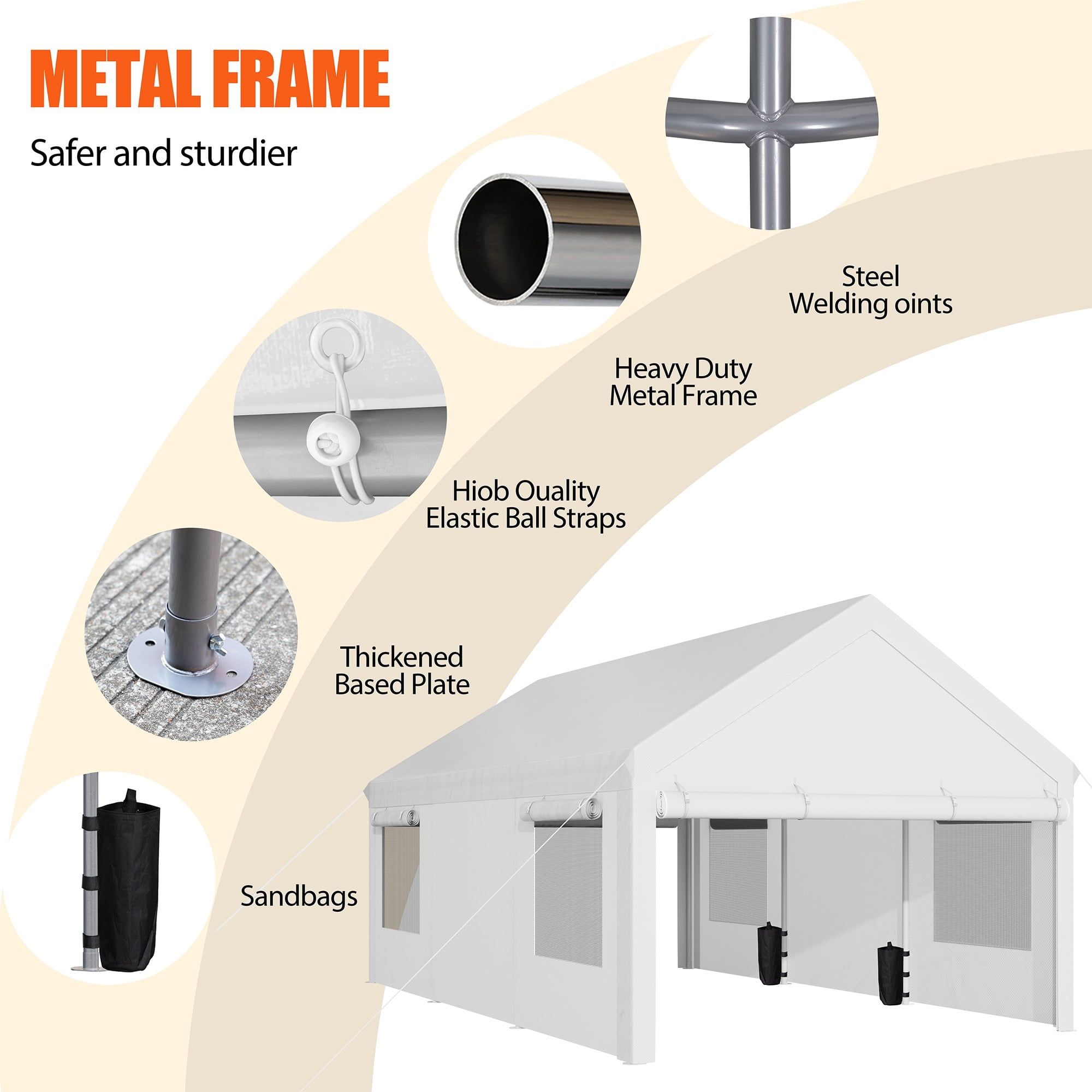 Walsunny 12x20 ft Carport with 4 Sandbags Heavy Duty Canopy with Roll-up Windows Portable Garage with Removable Sidewalls & Doors Car Canopy White