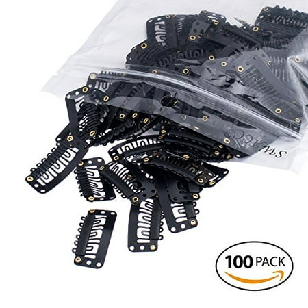 SWACC 100 Pcs U Shape Metailic Snap Clips ins for Hair Extension Hairpiece DIY Snap-Comb Wig Clips with Rubber - Black, General U Shape 6