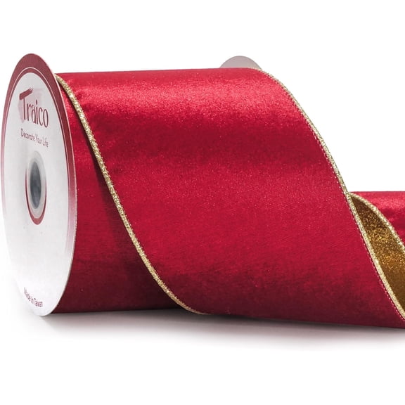 4" Red Velvet Gold Glitter Backing Wired Ribbon 10 Yards for Christmas Wedding Wreath Gift Wrapping Home Décor DIY