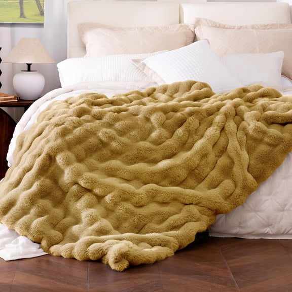 Faux Fur Throw Blanket 60x80 Inches Bubble Dark Yellow