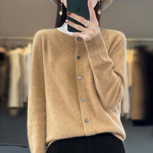 Suéter de lana de otoño e invierno, cárdigan de cuello redondo, suéter casual de color sólido para mujer, ropa de mujer a juego