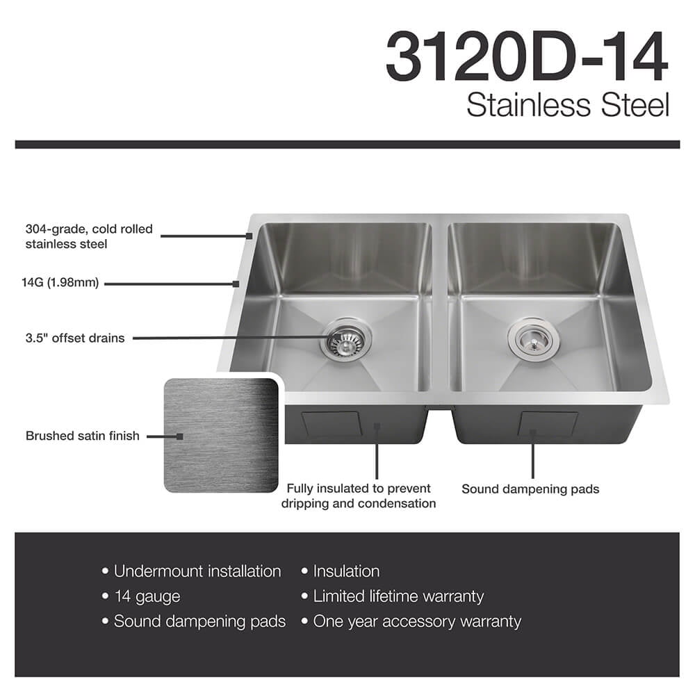 Mr Direct 3120d 14 Gauge Undermount Stainless Steel 31 In Double Bowl Kitchen Sink Ensemble