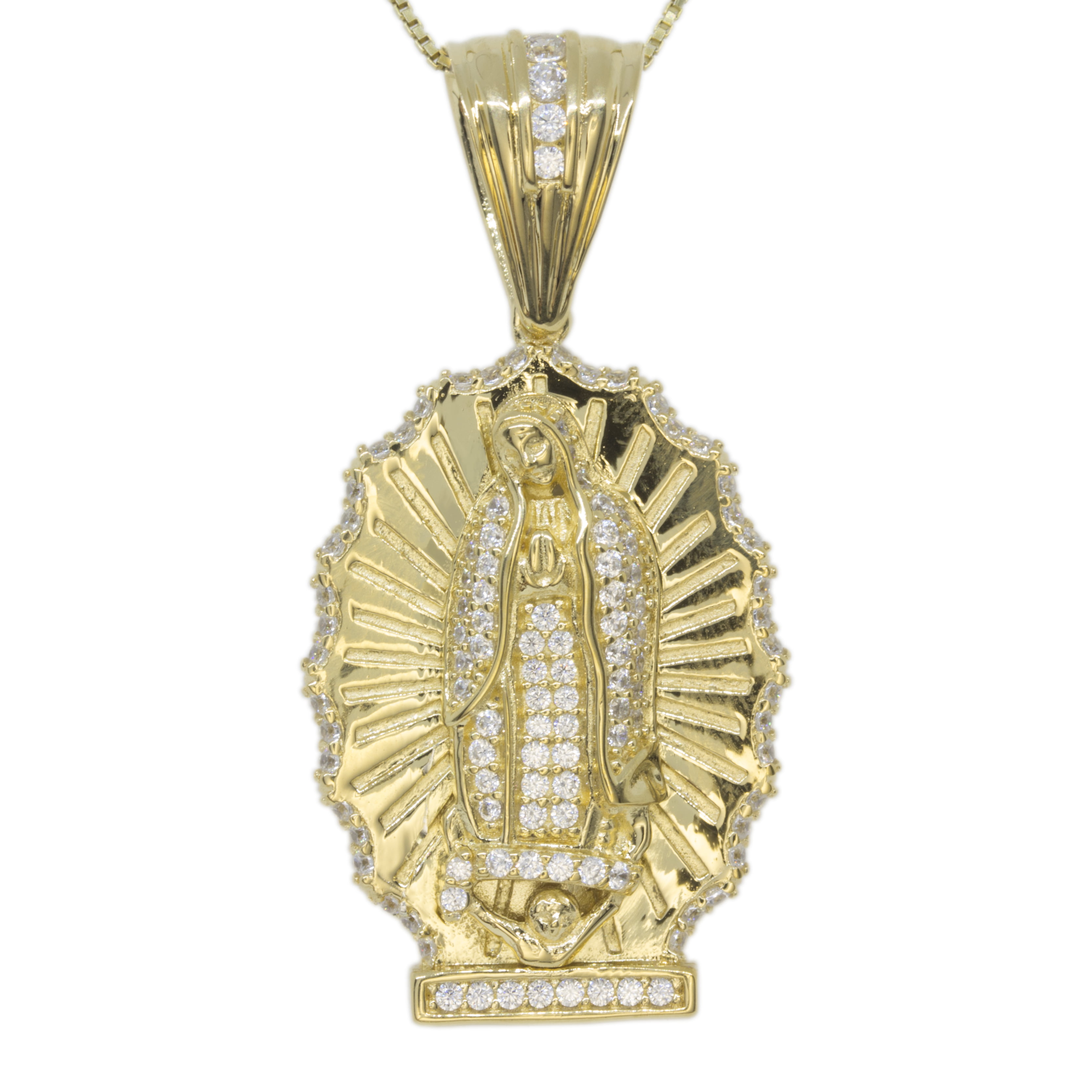Virgin Mary w Bling Garment Santa Maria w Shiny Garment Pendant Necklace by  JamesJenny Yellow Gold Plated Solid 925 Sterling Silver CZ Studded Accents 