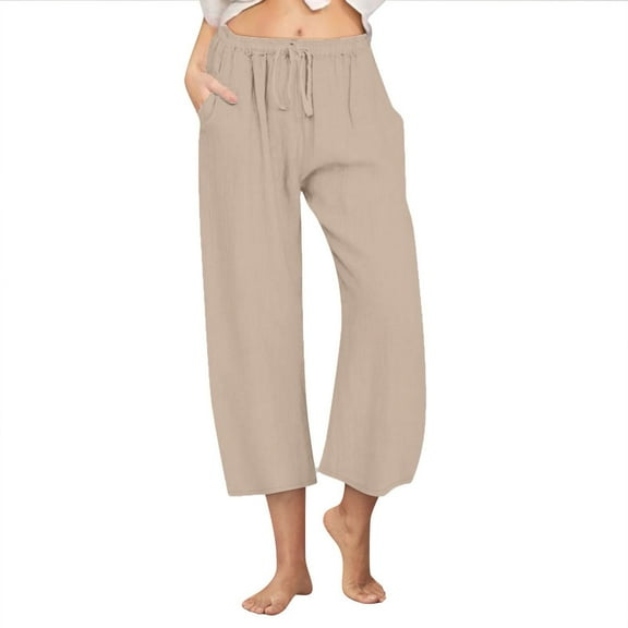 Womens Petite Pants Cotton Linen Palazzo Pants Boho Drawstring Pants Dressy Wide Leg Summer Trousers with Pockets Beige M