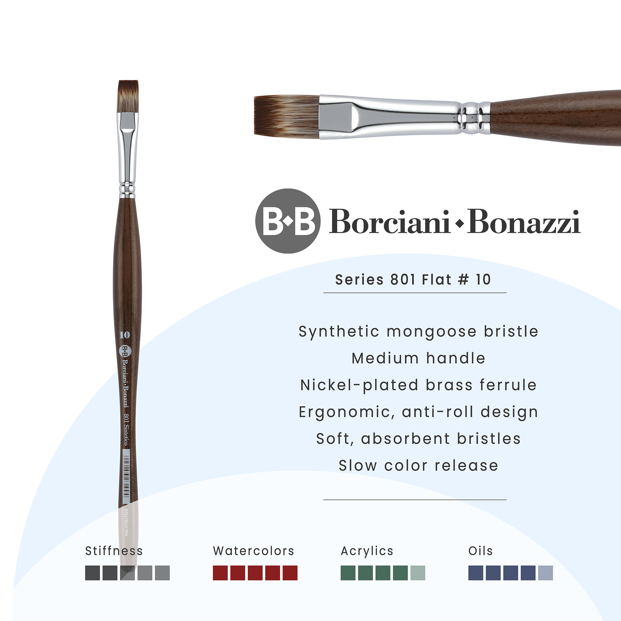 Borciani e Bonazzi Unico Synthetic Mongoose Artist Paint Brush - Series 801 Flat - Size #10 - Watercolors, Oil & Acrylic Paint - Handcrafted in Italy, Anti-Roll Design, Ergonomic Medium Handle