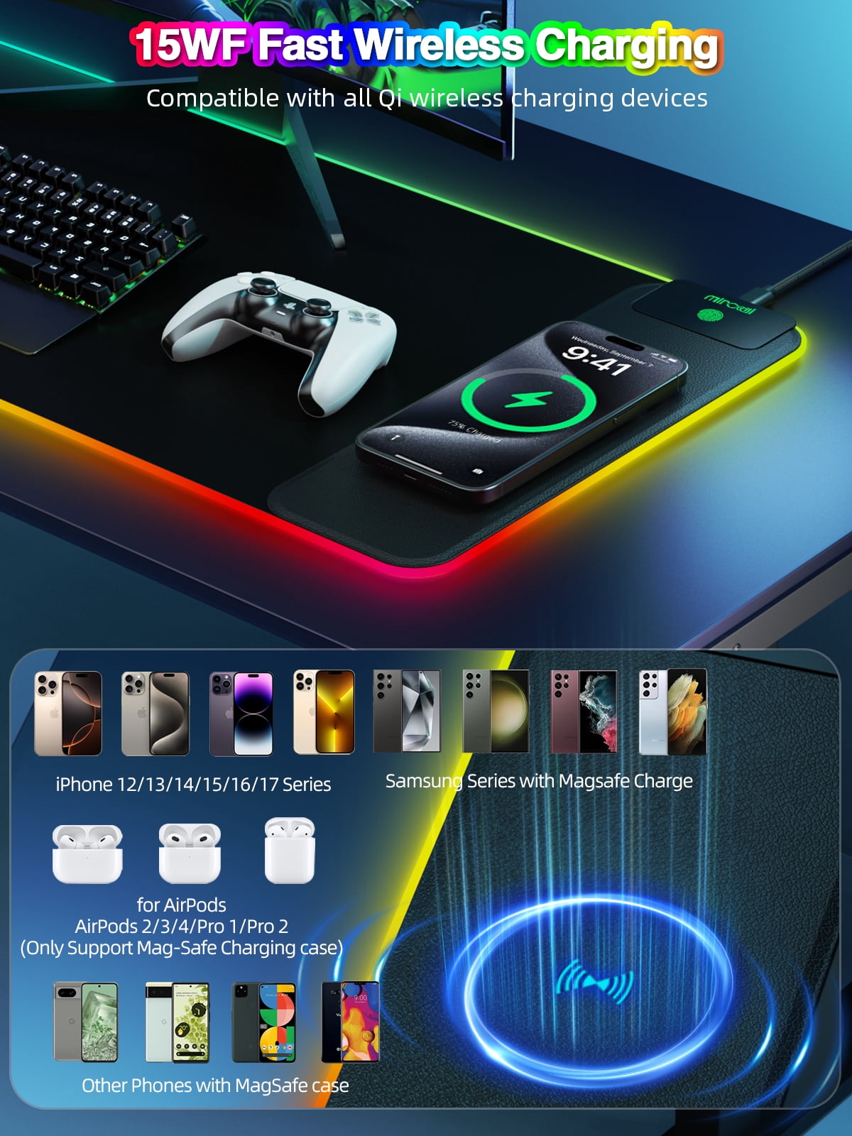 Miroddi RGB Gaming Mouse Pad with Magnetic Wireless Charging, 15W Fast Charging LED Desk Pad 31.5 x 11.81, Large Computer Keyboard Mat for Home, Office