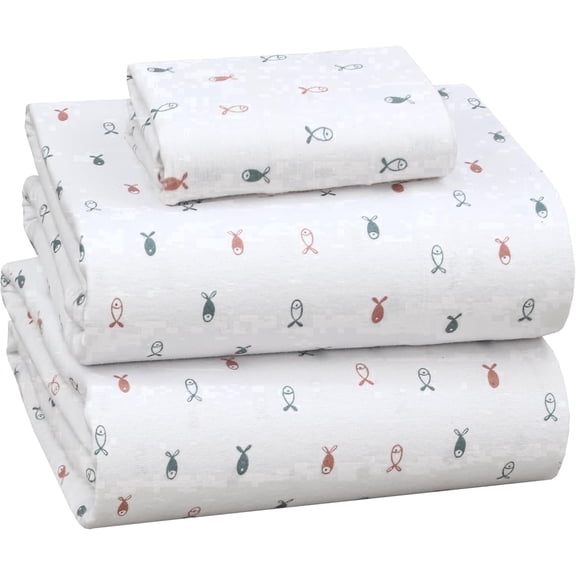 RUVANTI Flannel Sheets Twin Size - 100% Cotton Double Brushed Twin Sheets Set, Deep Pockets 16 Inches, All Seasons Breathable & Extra Soft Bed Sheets, Warm & Cozy, 3 Piece, Little Swimmers
