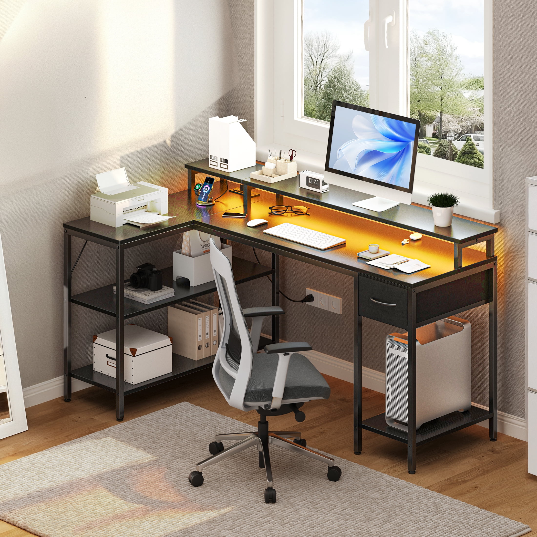 EDX 53 Inch L Shaped Gaming Desk with Power Outlet & LED Light, Reversible Computer Desk with Shelves & Monitor Stand, Corner Desk with Drawer for Home Office, Black