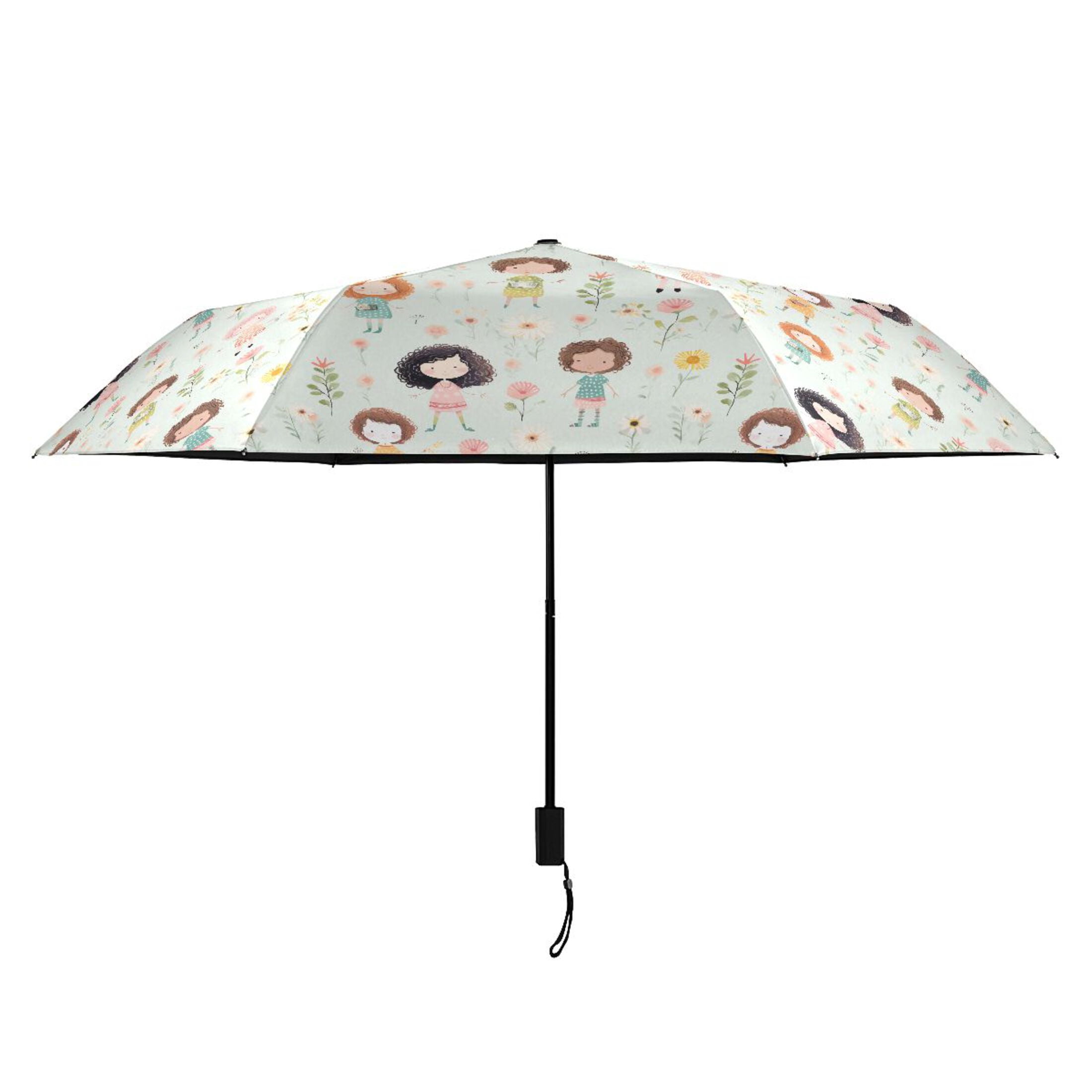 Little Girl and Flower Compact Sun Umbrella Windproof Travel Umbrellas for Rain Strong Portable UV Protection