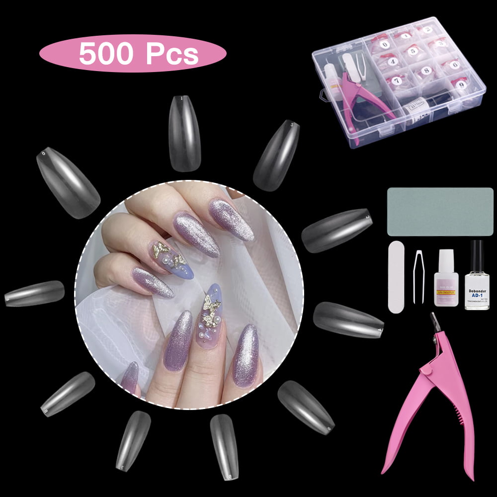 Fake Acrylic Nail Tips Kit, 500Pcs Clear False Nails Set with Storage Case,  Nail File, Sponge Rub, Nail Glue Remover 