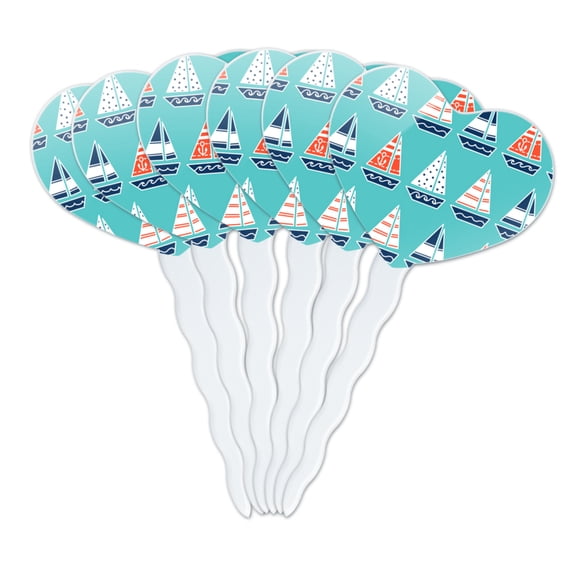 Cute Sailboats Pattern Heart Love Cupcake Picks Toppers Decoration Set of 6