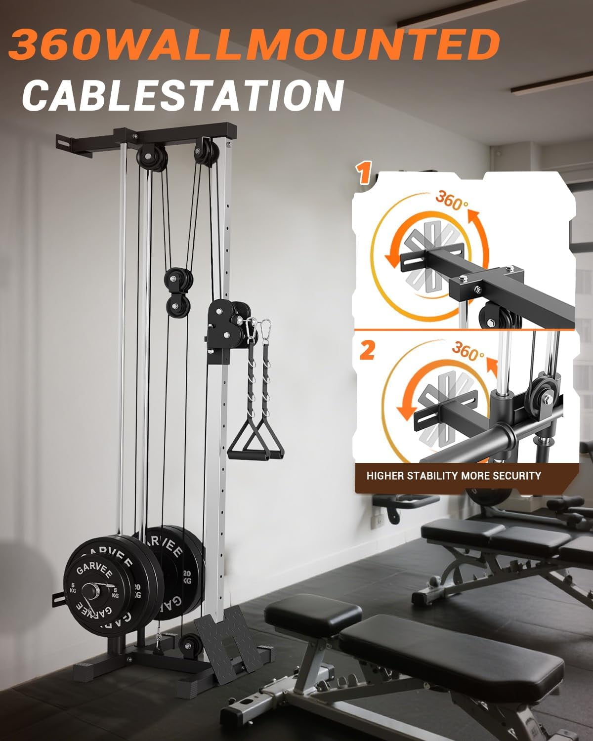 Wall Mount Cable Station, Cable Crossover Machine with 18 Positions, 400LB Capacity, High and Low Cable Crossover Machine for Garage Home Gym