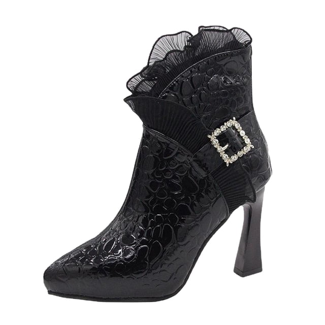 Zapatos Botines para mujer Botas sexis de tacón con volantes de encaje para mujer botas de punta plana de de cuero botas tobilleras elegantes populares botas con cremallera (Black 7.50)
