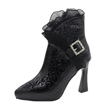 

Lace Ruffle Heel Women Boots Leather Patchwork Flat Toe Boots Popular Fancy Ankle Short Boots Zipper Boots