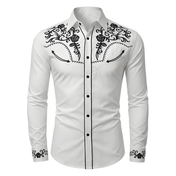 IWRICH Men's Western Cowboy Shirt Long Sleeve Printed Shirt Slim Fit Casual Button down Shirt White XL