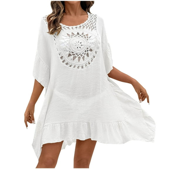 Taqqpue Women's Crochet Cover Up Solid Color Cutout Drop Shoulder 3/4 Sleeves Pullover Beachwear Bathing Suit