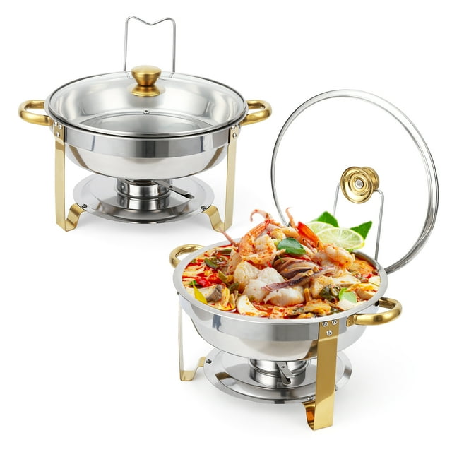 Plats Anti-Frottement 5 Qt pour Buffet, Réchauffe-Aliments Ronds en Acier Inoxydable avec Couvercles en Verre, pour Fêtes, Traiteur, Mariages et Banquets