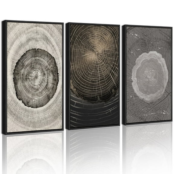 16x24in Black Framed Vintage Wood Tree Rings Wall Art Farmhouse Rustic Framed for Office Dining Room Hallway Canvas Paintings Nature Artwork