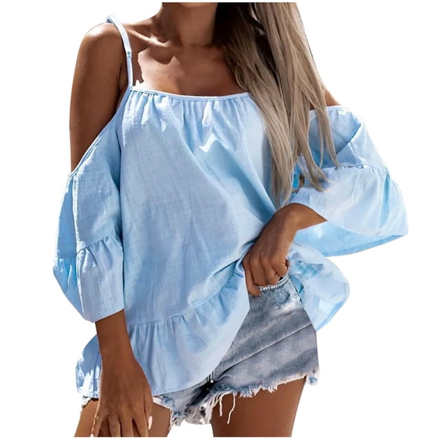 Mujeres Casual Cuello Cuadrado Media Manga Sin Tirantes Blusa Sólida Pullover Tops Camisas Fridja hjk2653