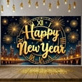 thumbnail image 3 of Golden Letters Happy New Year Banner Clock Design New Year Banner Fireworks Pattern Dark Blue Background Celebration Banner for New Year Party New Year's Eve Celebration Indoor Decoration, 3 of 8
