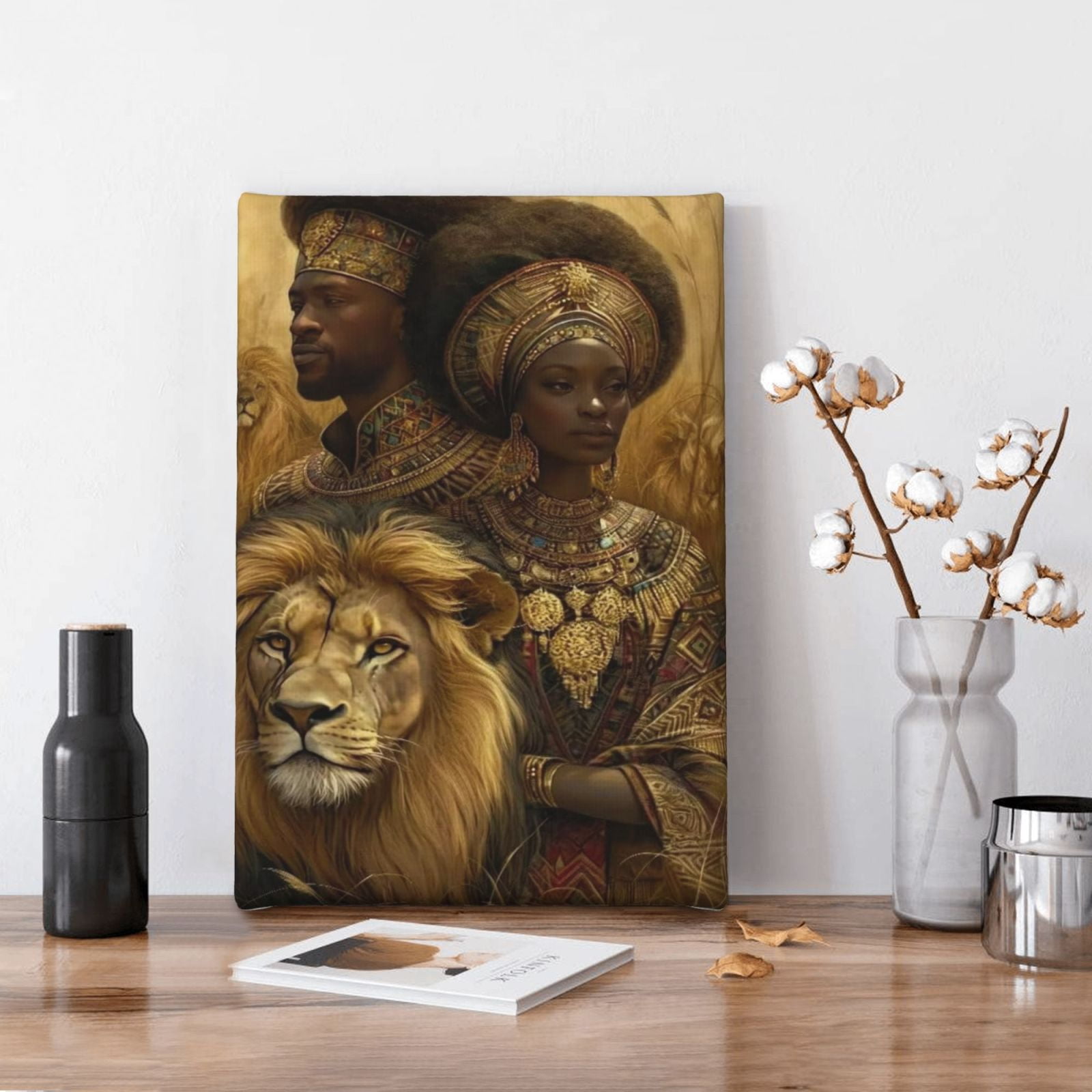 Aarocafa- African Royalty & Lion Inner Frame Canvas Poster- Stretched Cultural Elegance Art for Timeless Spaces | Stretched Canvas Art | Cultural Elegance Decor | Ready to Hang- 12x18in- Inner Frame