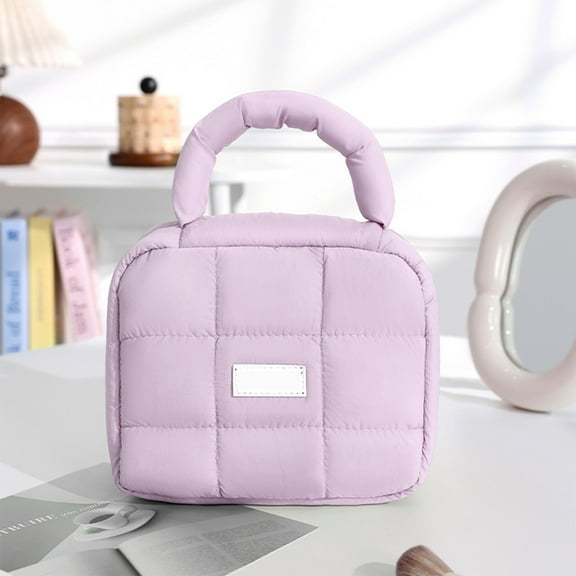 TaTaai 1Pcs 2025 New Cute Puffy Makeup Bag with Handle, Quilted Cosmetic Organizer Bag, Waterproof Travel Toiletry Pouch, Portable Handbag with Zipper for Women and Girls
